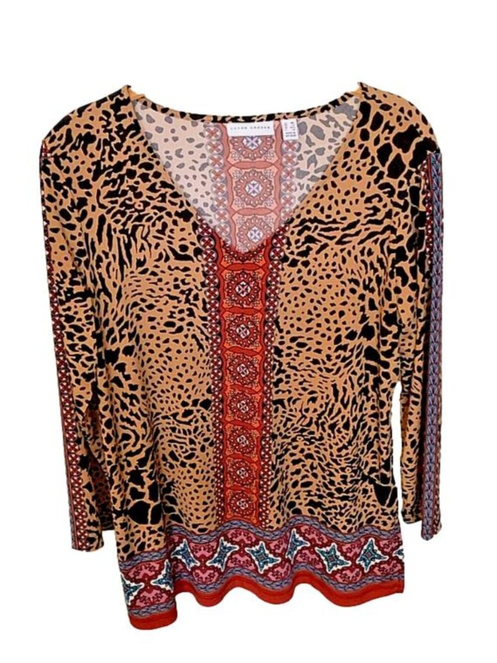 Susan Graver Printed Liquid Knit 3/4 Sleeve V-Neck Top w/Embellishment Petite L
